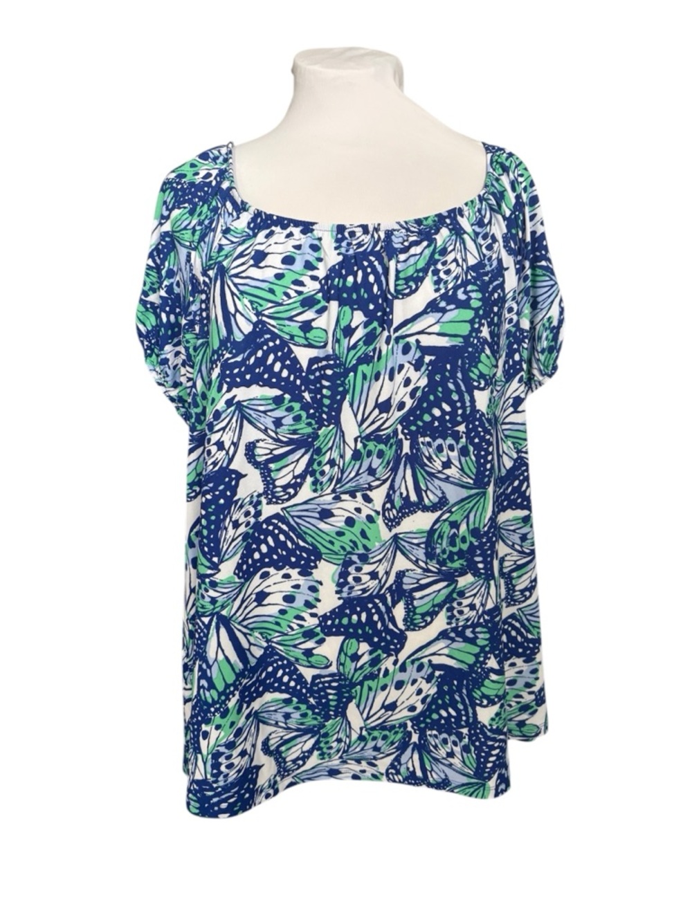 Lily Morgan 1X Butterfly Print Blouse | Blue Green Puff Sleeve Tie Back Top